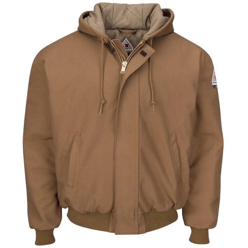 Men's Insulated Brown Duck Hooded Jacket with Knit Trim Thumbnail